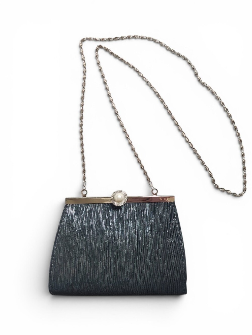 Vintage MS Designs Mini Clutch Evening Bag Silver Chain Pearl Clasp Sparkly